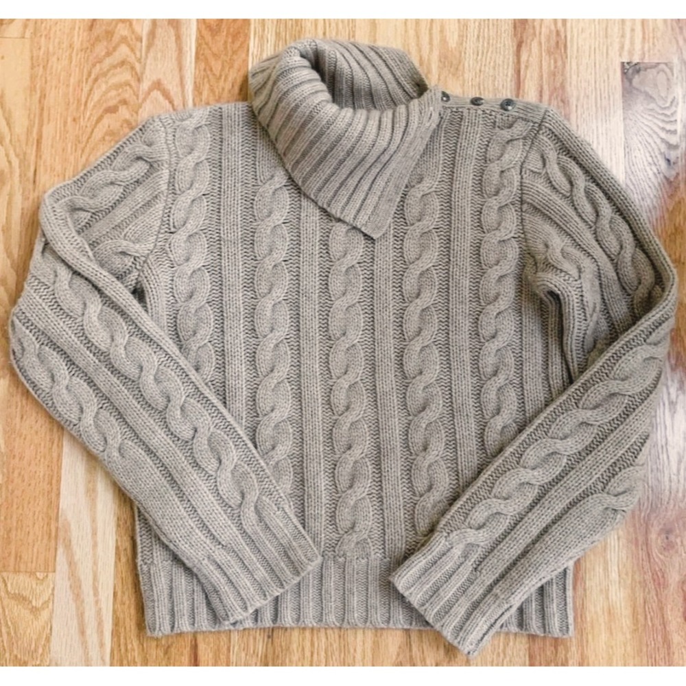 vtg Ralph Lauren Cable knit Sweater M Cashmere Tan Cowl neck button-shoulder y2k - Picture 3 of 10